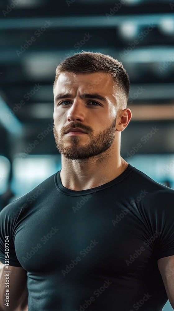 European man with strong build stands confidently in a bright gym, ready to excel in fitness training and workout routine European man with strong build stands confidently in a bright gym, ready to excel in fitness training and workout routine