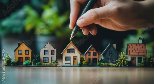 A hand holds a pen, poised to modify a miniature house among a row of carefully crafted models. Lush plants decorate the backdrop, enhancing the creative atmosphere.