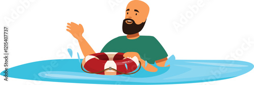Man holding lifebuoy while asking for help in water asking for help after shipwreck accident