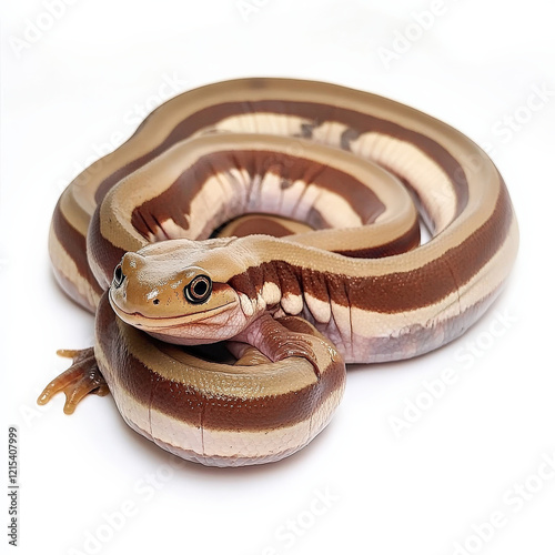 Striped amphibian coiled, charmingly posed.