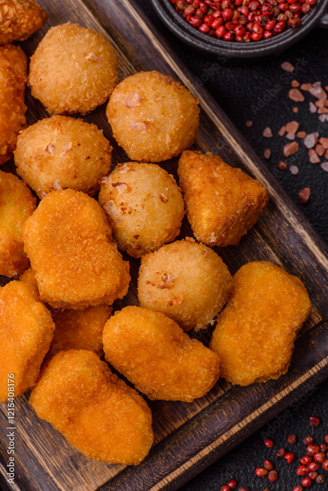 Fast food brie fries, cheese balls and chicken nuggets Fast food brie fries, cheese balls and chicken nuggets