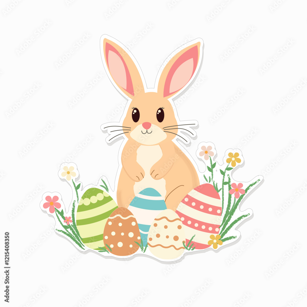 Easter bunny with eggs in flowers sticker isolate Easter bunny with eggs in flowers sticker isolate