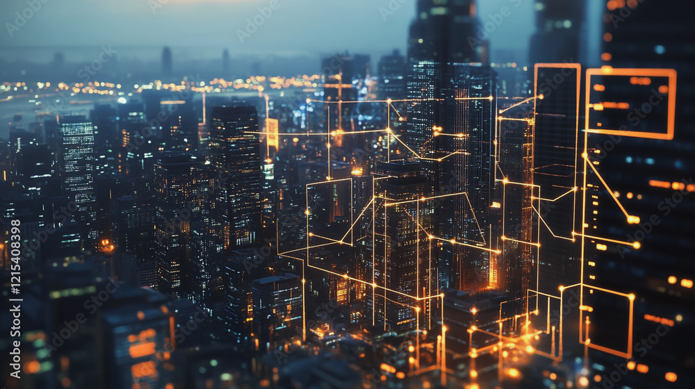 Naklejka premium Smart digital Innovation city with connection network reciprocity over the twilight cityscape. of future smart wireless digital city and social media networking systems that connects people with city
