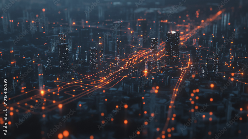 Smart digital Innovation city with connection network reciprocity over the twilight cityscape. of future smart wireless digital city and social media networking systems that connects people with city Smart digital Innovation city with connection network reciprocity over the twilight cityscape. of future smart wireless digital city and social media networking systems that connects people with city