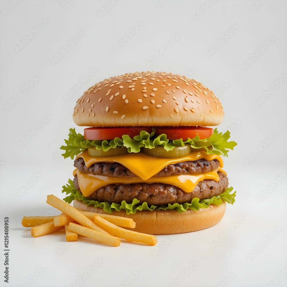 A cheeseburger and french fries, presented on a white background. The cheeseburger is positioned in the center-left of the image, with the french fries placed next to it, slightly overlapping the bott A cheeseburger and french fries, presented on a white background. The cheeseburger is positioned in the center-left of the image, with the french fries placed next to it, slightly overlapping the bott