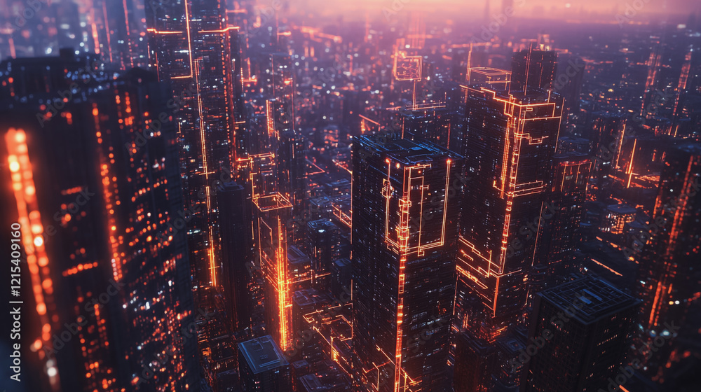 Fototapeta premium Smart digital Innovation city with connection network reciprocity over the twilight cityscape. of future smart wireless digital city and social media networking systems that connects people with city