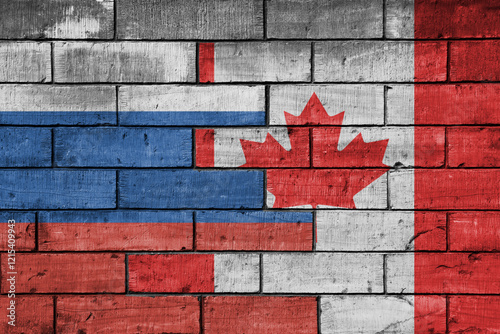 colourful painted big flag of russia and flag of canada on a massive old brick wall background. concept photo