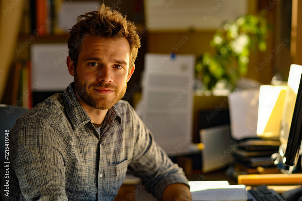Obraz premium A man sitting at a desk in front of a computer
