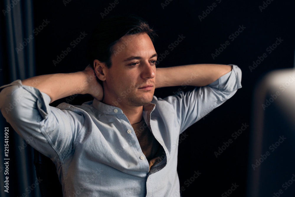 Thinking of stressful financial analyst researching on business paragraph on pc screen with dynamic database marketing analysis planning monthly report at modern home office at night time. Pecuniary. Thinking of stressful financial analyst researching on business paragraph on pc screen with dynamic database marketing analysis planning monthly report at modern home office at night time. Pecuniary.
