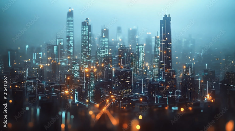custom made wallpaper toronto digitalSmart digital Innovation city with connection network reciprocity over the twilight cityscape. of future smart wireless digital city and social media networking systems that connects people with city
