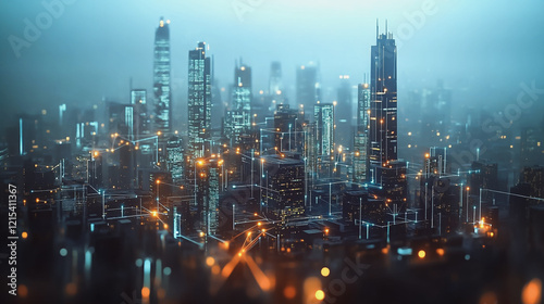 Wallpaper Mural Smart digital Innovation city with connection network reciprocity over the twilight cityscape. of future smart wireless digital city and social media networking systems that connects people with city Torontodigital.ca