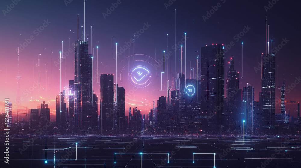 Obraz premium Smart digital Innovation city with connection network reciprocity over the twilight cityscape. of future smart wireless digital city and social media networking systems that connects people with city