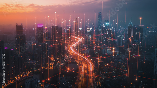 Wallpaper Mural Smart digital Innovation city with connection network reciprocity over the twilight cityscape. of future smart wireless digital city and social media networking systems that connects people with city Torontodigital.ca