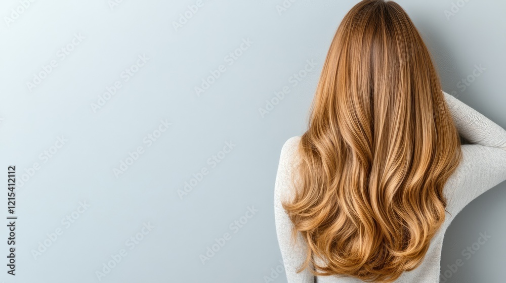 Naklejka premium Long, wavy hair of a young woman styled beautifully against a soft gray backdrop during a casual indoor setting