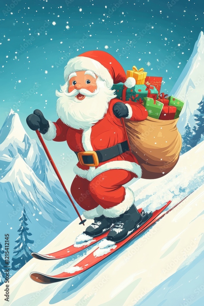 Obraz premium Happy Santa skiing in winter.