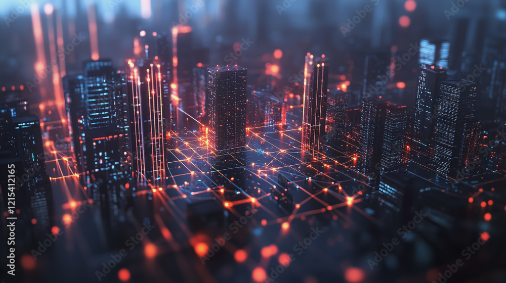 Smart digital Innovation city with connection network reciprocity over the twilight cityscape. of future smart wireless digital city and social media networking systems that connects people with city Smart digital Innovation city with connection network reciprocity over the twilight cityscape. of future smart wireless digital city and social media networking systems that connects people with city