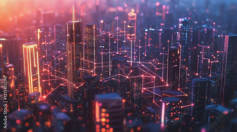 Smart digital Innovation city with connection network reciprocity over the twilight cityscape. of future smart wireless digital city and social media networking systems that connects people with city Smart digital Innovation city with connection network reciprocity over the twilight cityscape. of future smart wireless digital city and social media networking systems that connects people with city