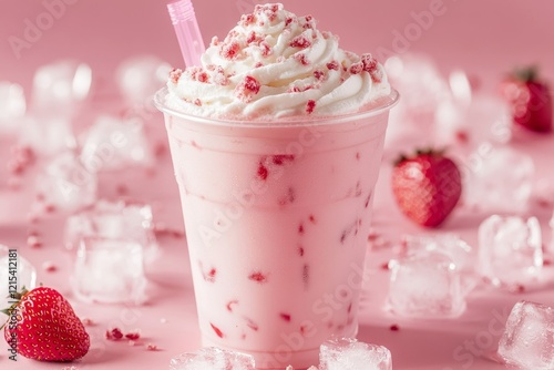 Strawberry Whipped Cream Ice Blend - Refreshing strawberry ice blend topped with whipped cream and strawberry pieces, surrounded by ice cubes. Perfect summer treat. photo