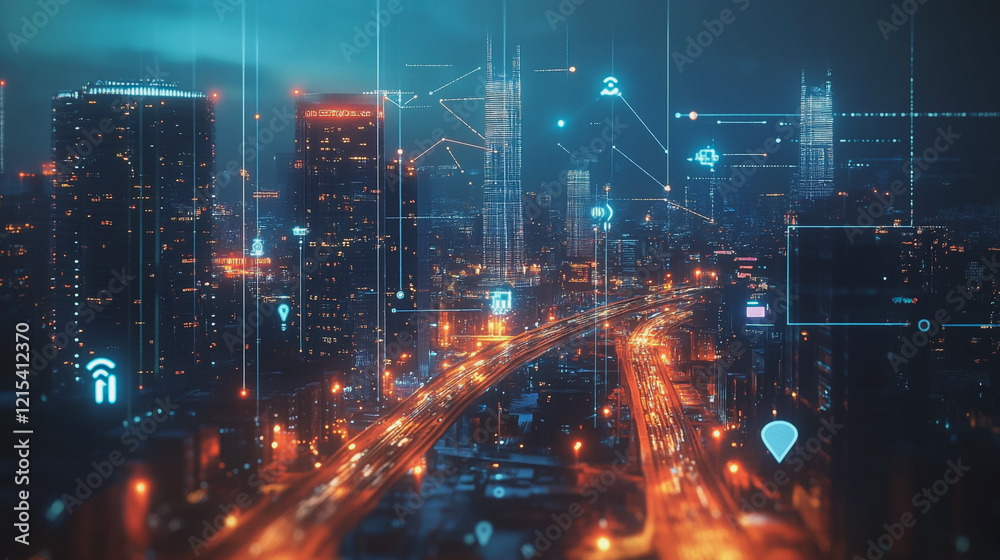 Obraz premium Smart digital Innovation city with connection network reciprocity over the twilight cityscape. of future smart wireless digital city and social media networking systems that connects people with city