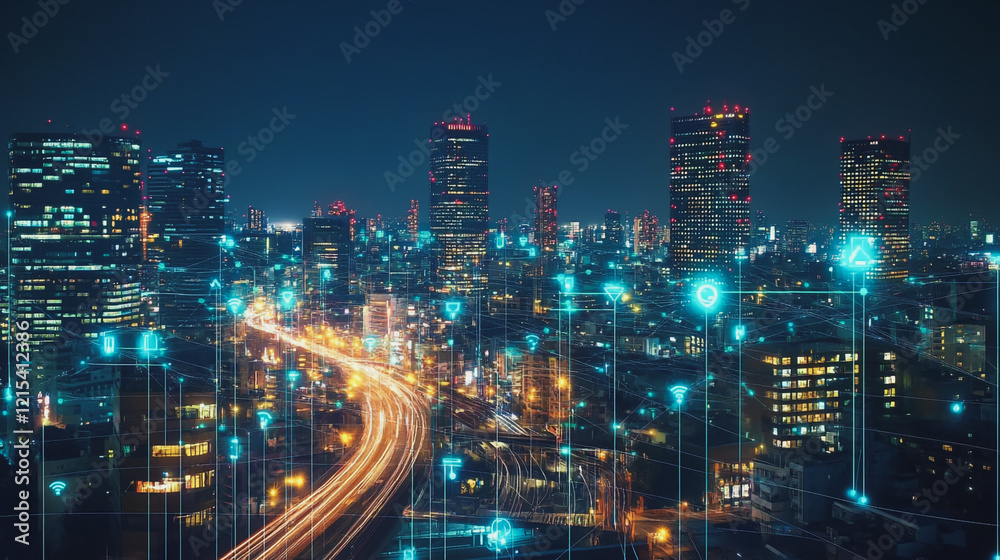 Fototapeta premium Smart digital Innovation city with connection network reciprocity over the twilight cityscape. of future smart wireless digital city and social media networking systems that connects people with city