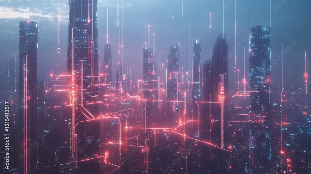 Smart digital Innovation city with connection network reciprocity over the twilight cityscape. of future smart wireless digital city and social media networking systems that connects people with city Smart digital Innovation city with connection network reciprocity over the twilight cityscape. of future smart wireless digital city and social media networking systems that connects people with city