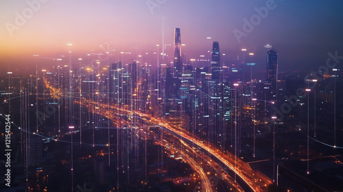 Wallpaper Mural Smart digital Innovation city with connection network reciprocity over the twilight cityscape. of future smart wireless digital city and social media networking systems that connects people with city Torontodigital.ca