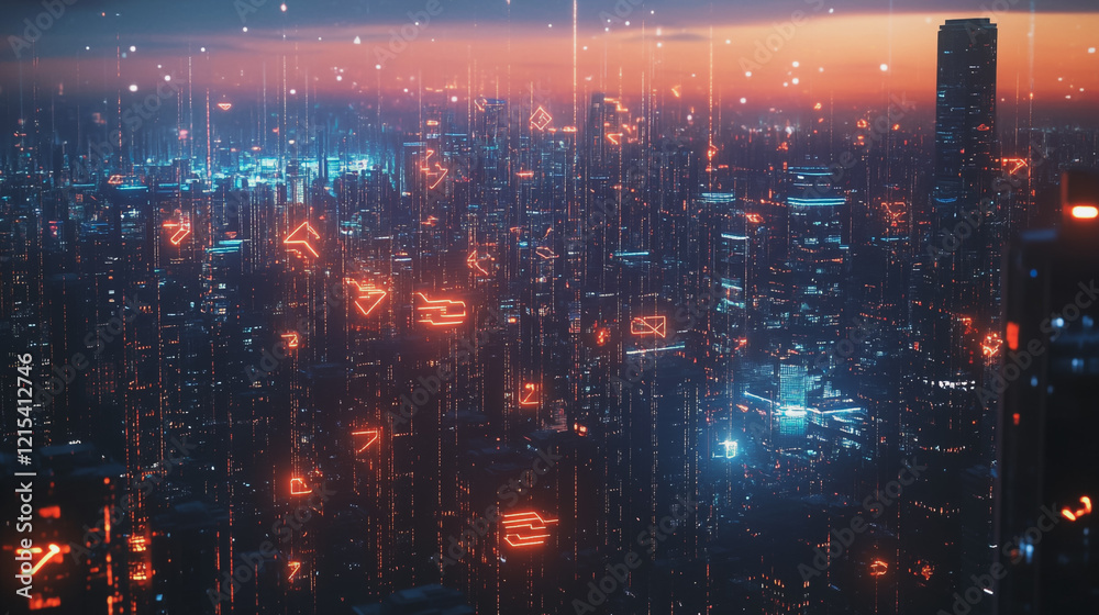 custom made wallpaper toronto digitalSmart digital Innovation city with connection network reciprocity over the twilight cityscape. of future smart wireless digital city and social media networking systems that connects people with city