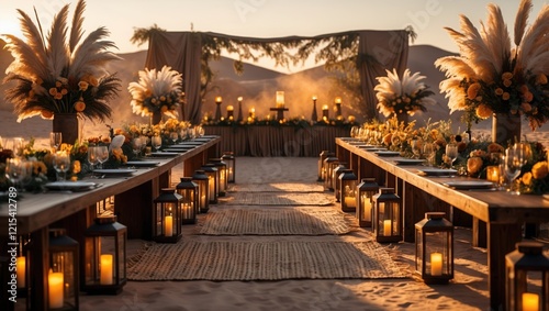 Elegant desert wedding with wooden tables and floral arrangements under a romantic sunset.