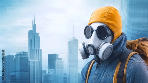 Masked Traveler in Urban Skyline - A mysterious figure in a gas mask and hooded jacket, backpack on, stands before a sprawling cityscape. Symbolizing:  anonymity, urban exploration, environmental haza photo