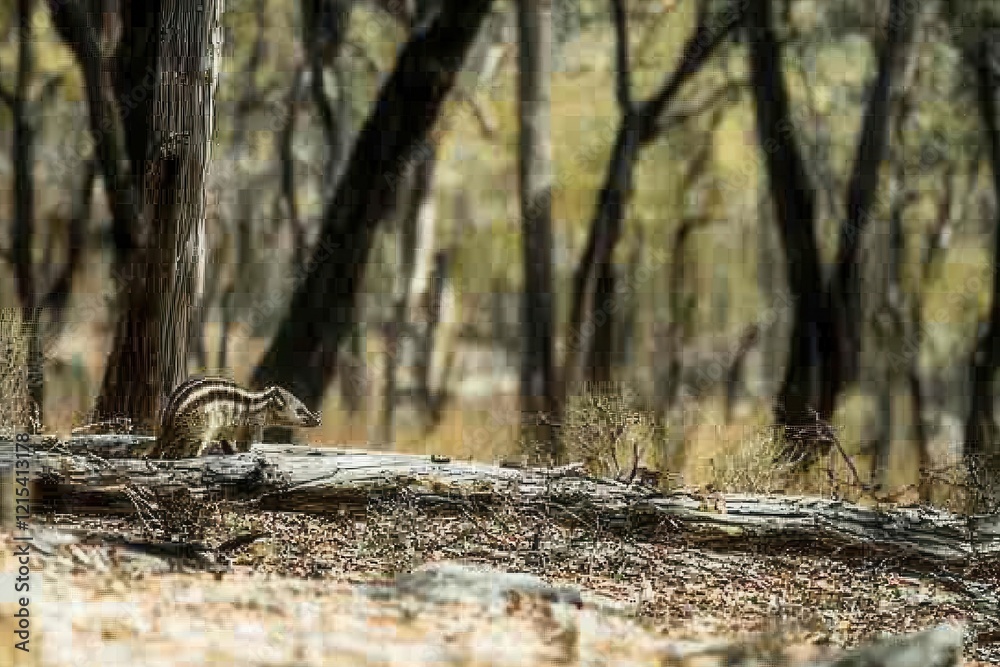 Obraz premium A numbat foraging for termites among fallen logs in a dry eucalyptus forest, its striped coat blending with the bark