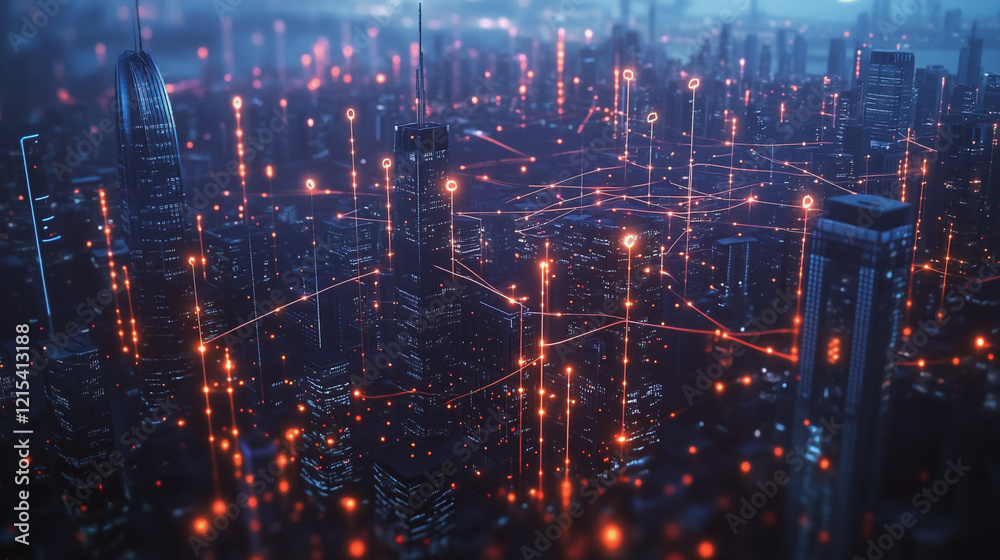 Obraz premium Smart digital Innovation city with connection network reciprocity over the twilight cityscape. of future smart wireless digital city and social media networking systems that connects people with city