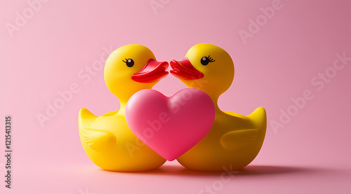 Two Yellow Rubber Ducks Holding a Pink Heart Against a Soft Pink Background Showcasing Love and Affection, love card  photo