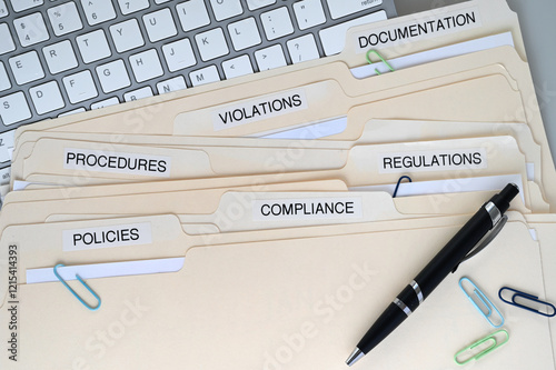 Compliance, Policies, Regulations, Violations, Procedures and Documentation folders on a desk photo