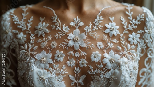 Elegant bridal gown with floral embroidery and pearls on lace bodice.