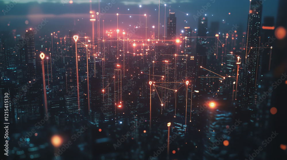 Obraz premium Smart digital Innovation city with connection network reciprocity over the twilight cityscape. of future smart wireless digital city and social media networking systems that connects people with city