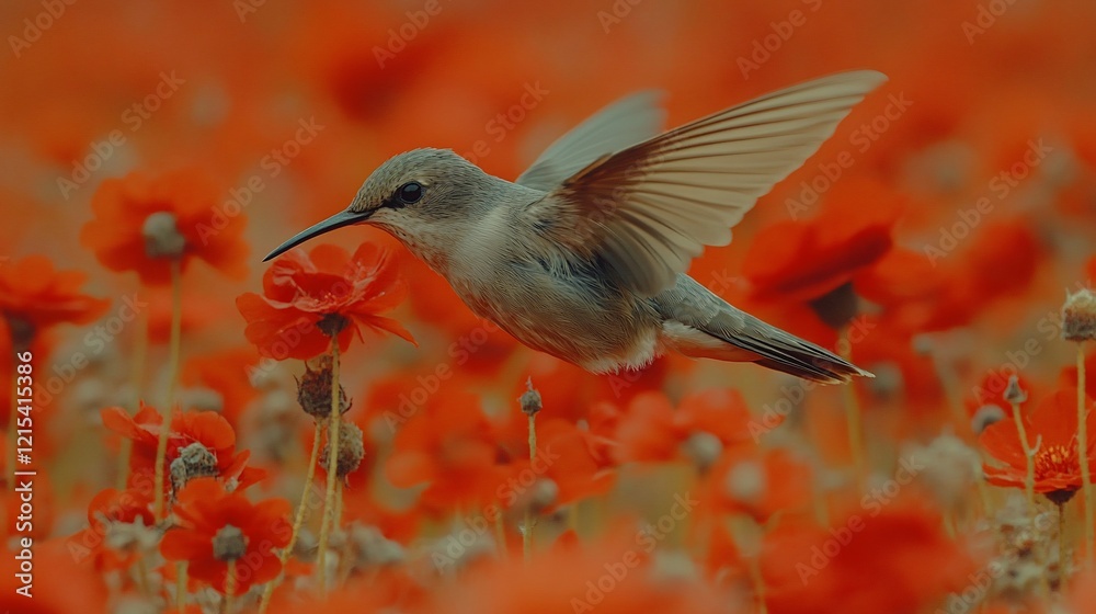 Obraz premium Hummingbird feeding on red poppies in a field.