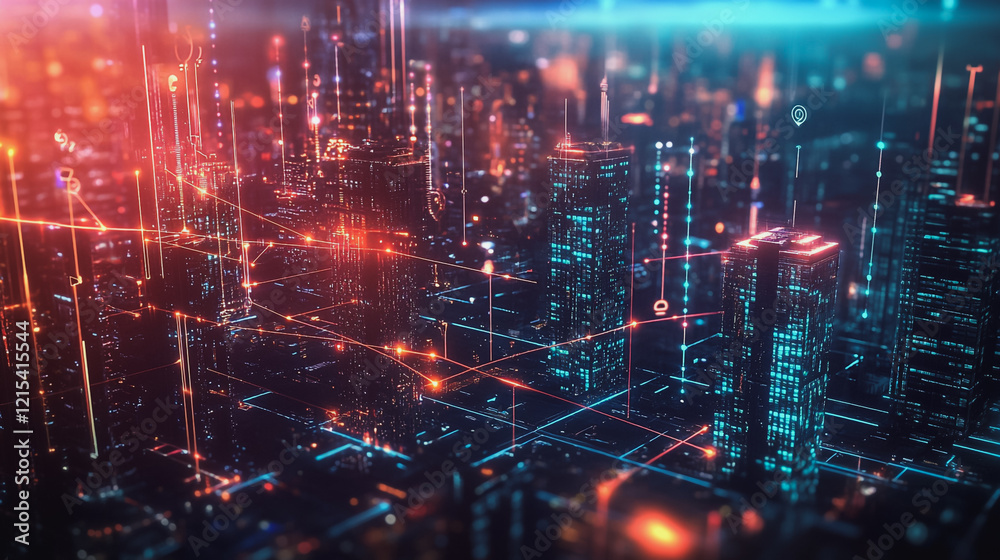 Obraz premium Smart digital Innovation city with connection network reciprocity over the twilight cityscape. of future smart wireless digital city and social media networking systems that connects people with city