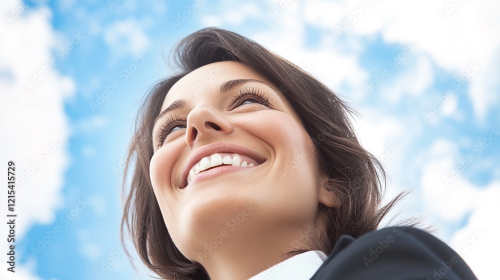 Professional Woman Smiling Beneath Clear Sky - High-Resolution Portrait with Copy Space, Perfect for Business and Lifestyle Projects, Ideal Stock Photo Resource