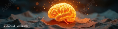 Shimmering golden cerebral cortex within translucent light bulb on parchment-like surface, brain science, soft focus