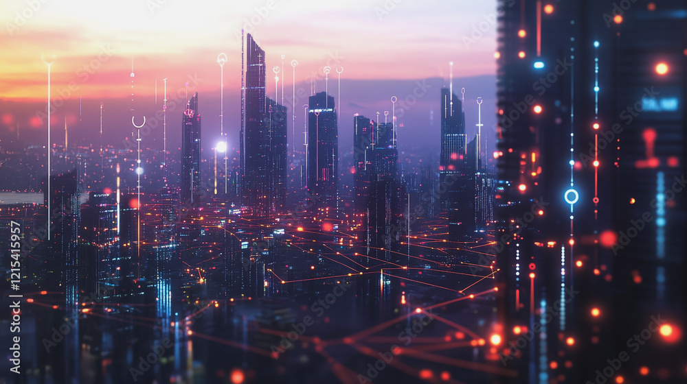 Smart digital Innovation city with connection network reciprocity over the twilight cityscape. of future smart wireless digital city and social media networking systems that connects people with city