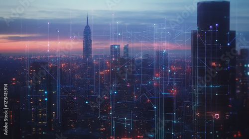 Wallpaper Mural Smart digital Innovation city with connection network reciprocity over the twilight cityscape. of future smart wireless digital city and social media networking systems that connects people with city Torontodigital.ca