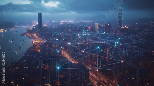 Wallpaper Mural Smart digital Innovation city with connection network reciprocity over the twilight cityscape. of future smart wireless digital city and social media networking systems that connects people with city Torontodigital.ca