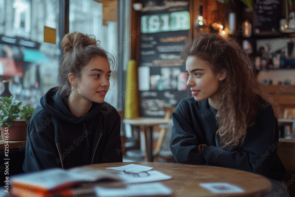 Fototapeta premium Deep conversation between two friends in a cozy cafe at dusk