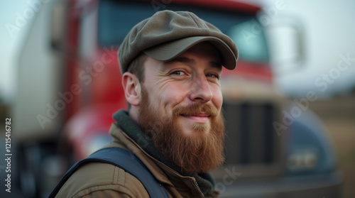 Portrait of trucker with beard and cap beside blurred truck photo