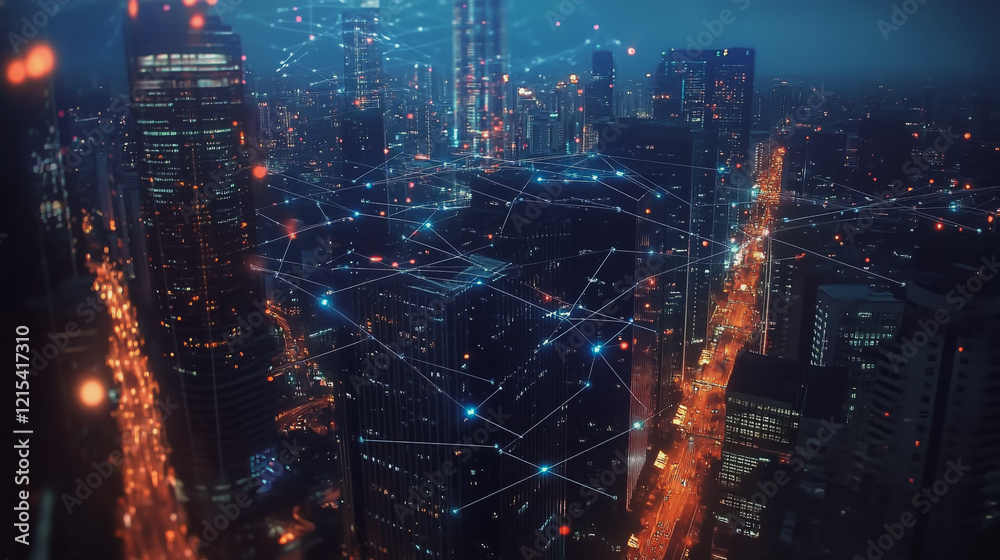 Fototapeta premium Smart digital Innovation city with connection network reciprocity over the twilight cityscape. of future smart wireless digital city and social media networking systems that connects people with city