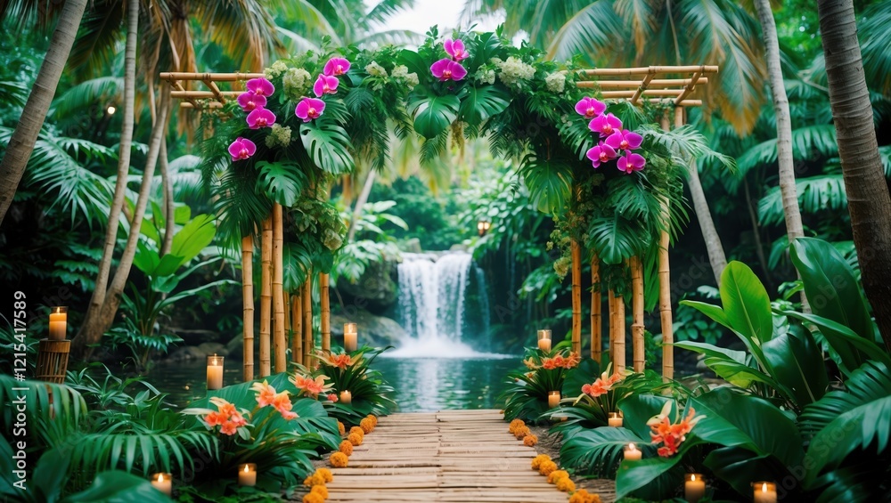 Fototapeta premium Tropical Wedding Arch with Waterfall and Candles