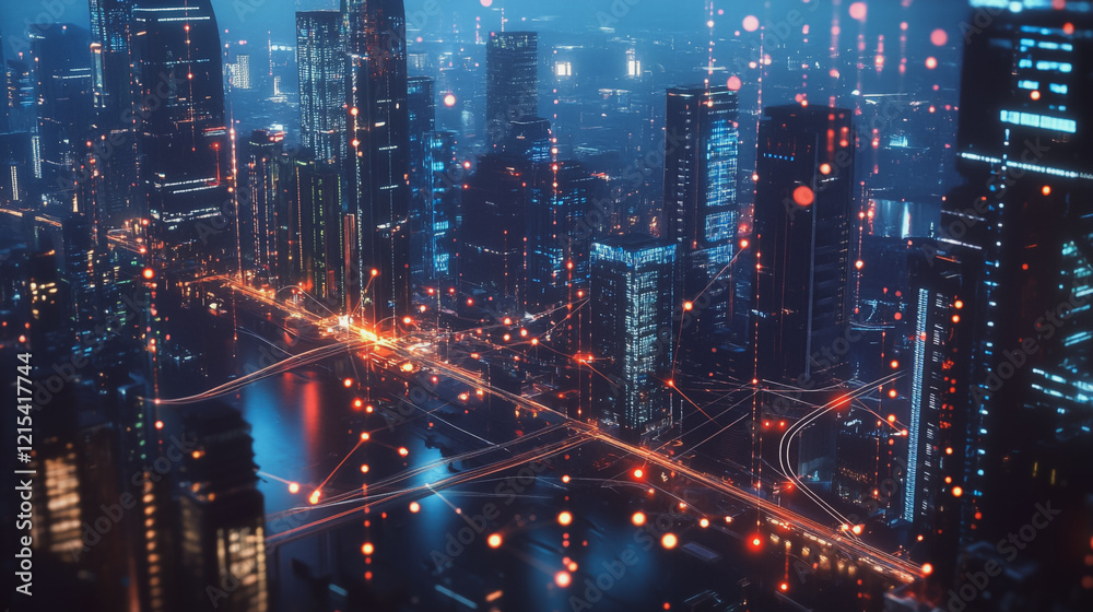 Fototapeta premium Smart digital Innovation city with connection network reciprocity over the twilight cityscape. of future smart wireless digital city and social media networking systems that connects people with city