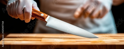 Chef holding knife above wooden cutting board in kitchen setting photo