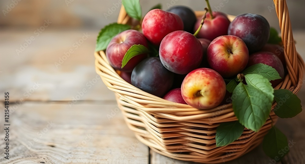 Close up view of a wicker basket with plums. Close up view of a wicker basket with plums.
