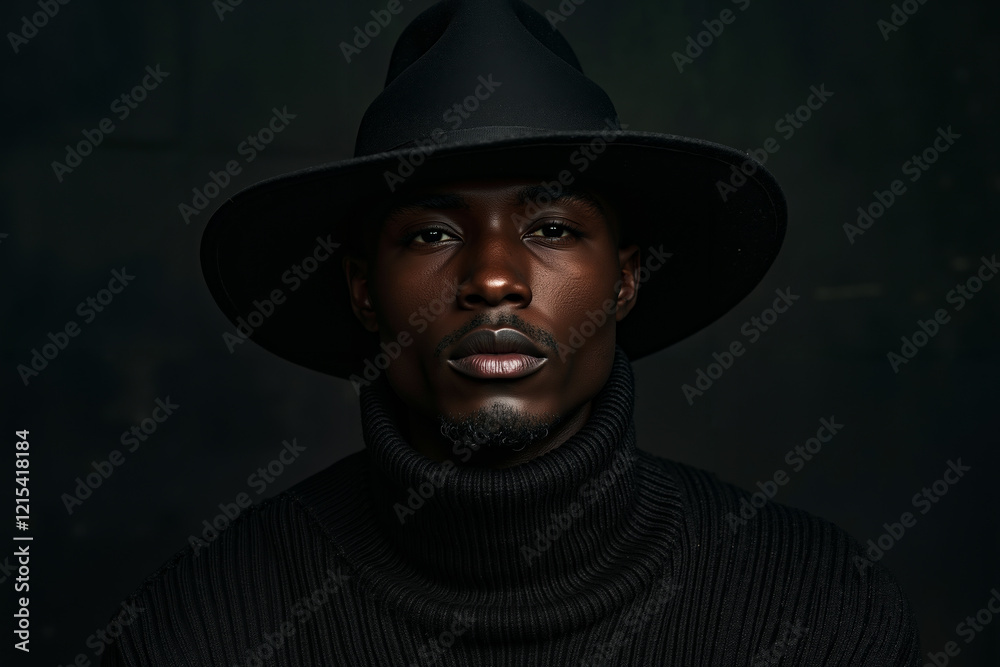 A man wearing a black hat and a black turtle neck sweater A man wearing a black hat and a black turtle neck sweater